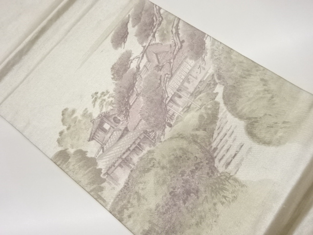 手描き民家に松・木々模様開き名古屋帯（額縁仕立て）